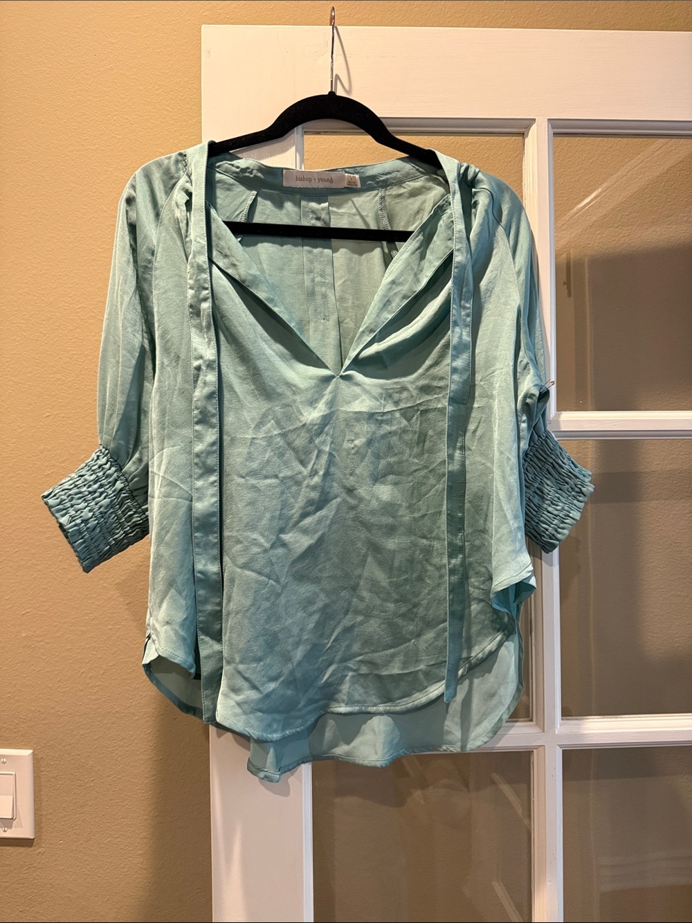 bishop + young Light Aqua V-Neck Smocked Sleeve Blouse